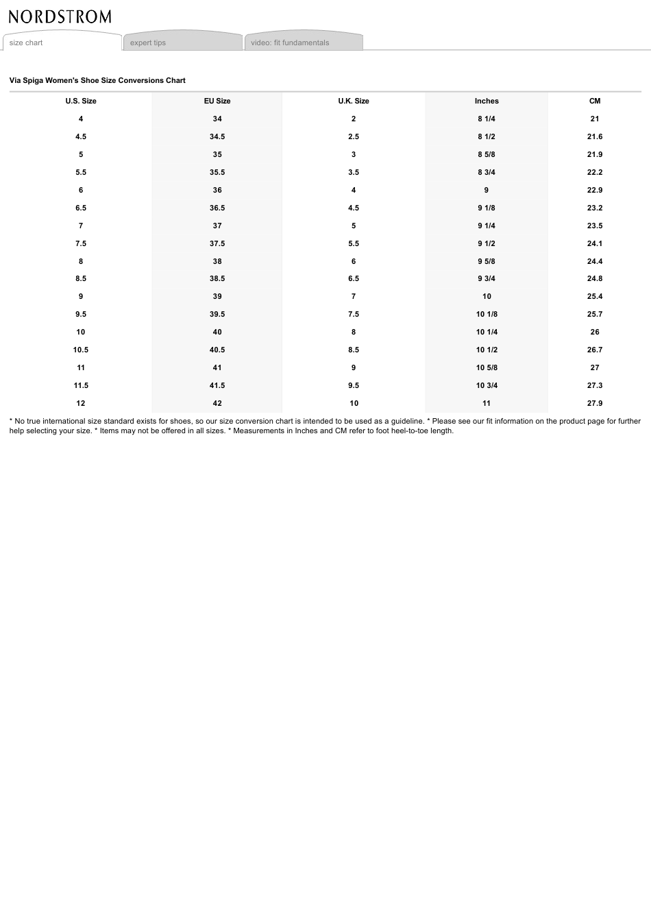 Women's Shoe Size Conversions Chart - via Spiga Download Printable PDF ...