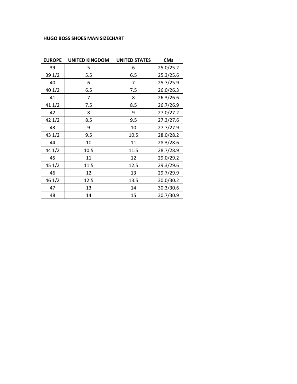 Men's Shoe Size Chart Hugo Boss Download Printable PDF Templateroller