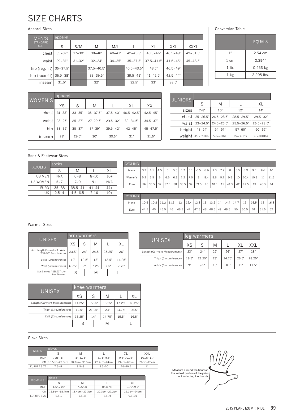 Cycling Clothing Size Charts Download Printable PDF | Templateroller