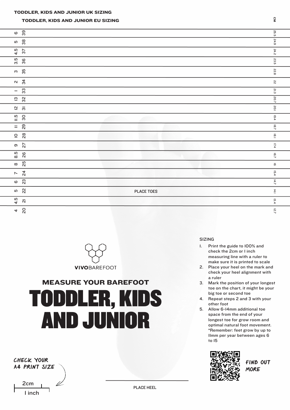 Toddler, Kids and Junior UK / Eu Sizing Chart, Page 1