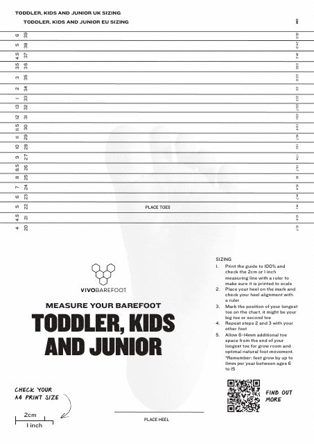 Toddler, Kids and Junior UK/Eu Sizing Chart