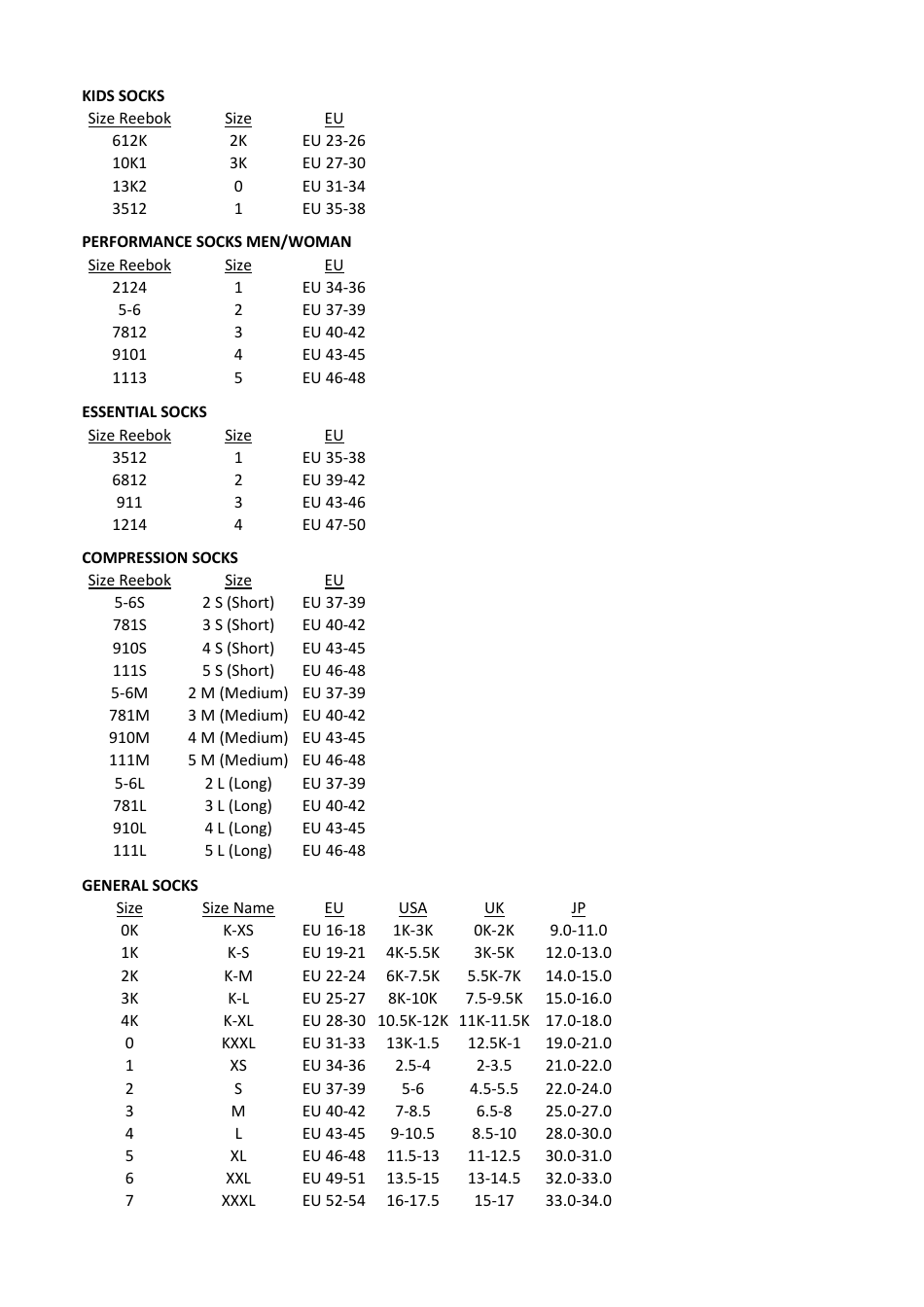 Men, Women and Kids' Socks Sizing Chart Reebok Download Printable PDF