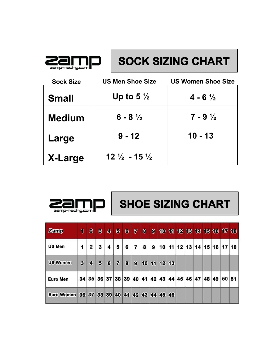 Sock and Shoe Sizing Chart - Zamp Racing, Page 1