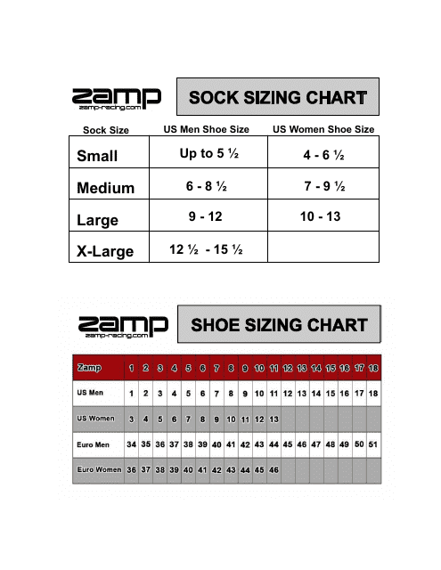 Sock and Shoe Sizing Chart - Zamp Racing Download Pdf