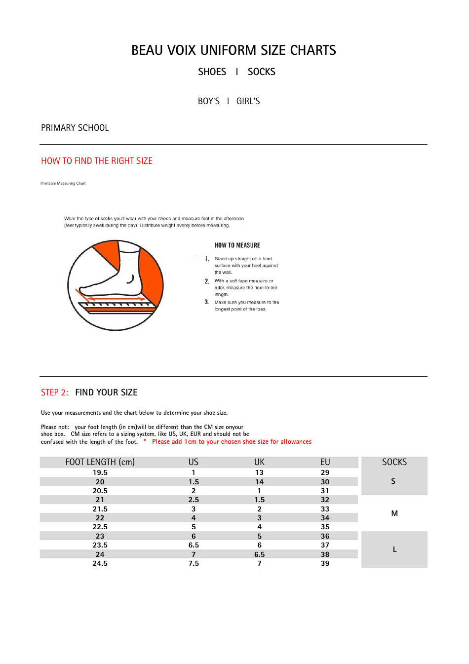 Beau Voix Uniform Size Charts, Page 3