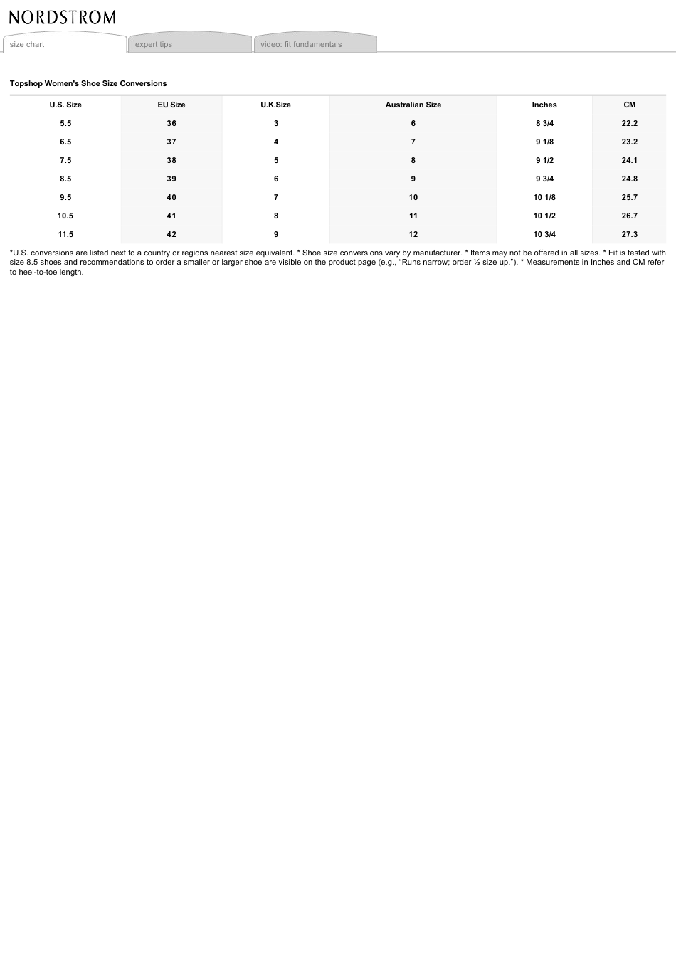 Women's Shoe Size Conversion Chart - Topshop Download Printable PDF ...