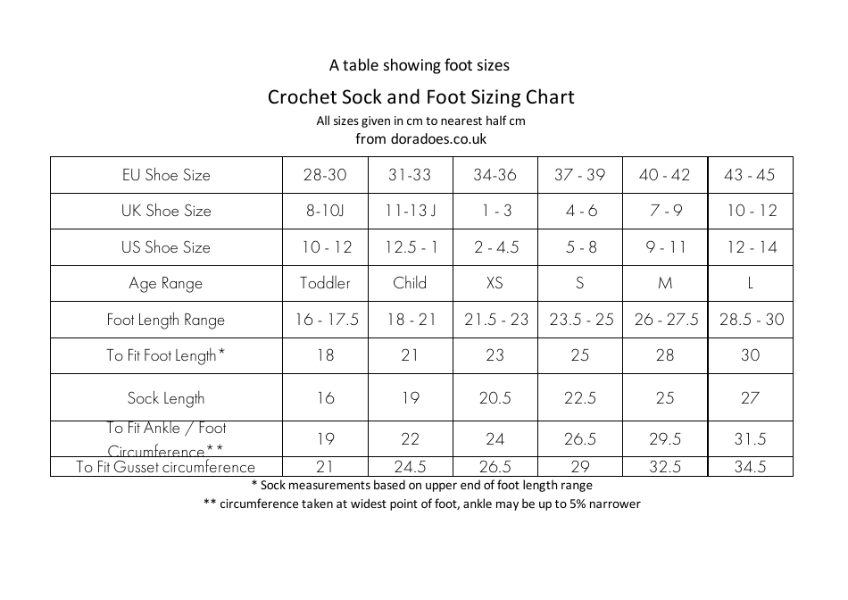 Crochet Sock and Foot Sizing Chart Download Printable PDF | Templateroller