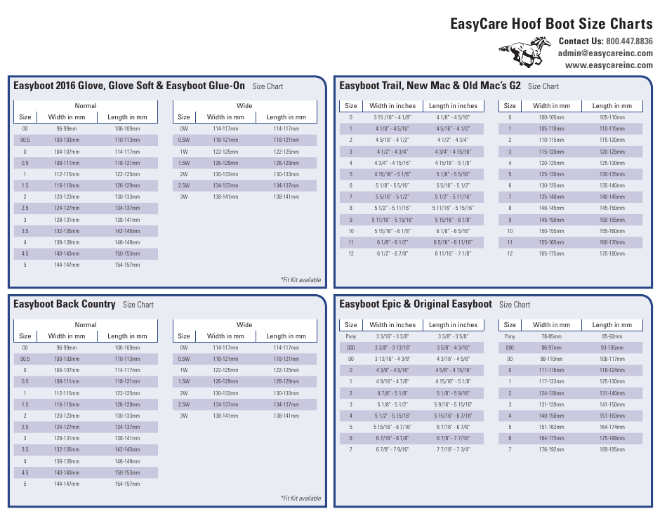 Hoof Boot Size Charts - Tables, Page 1