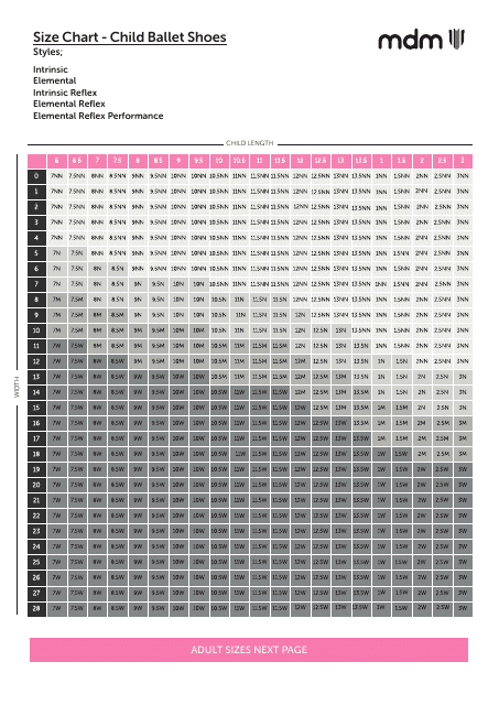 Child and Adult Ballet Shoes Size Chart - Mdm Download Pdf