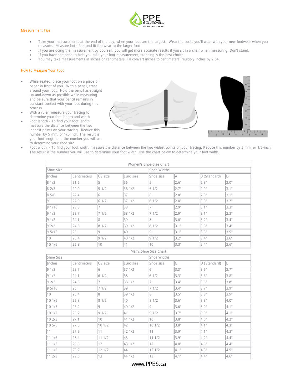 Shoe Size Chart - Ppe Solutions Download Printable PDF | Templateroller