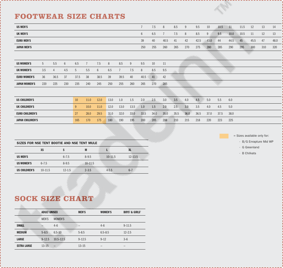 Footwear & Sock Size Chart Download Printable PDF Templateroller