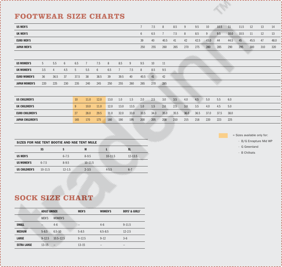 Footwear  Sock Size Chart, Page 1