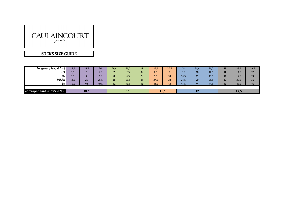 Socks Size Guide - Caulaincourt Paris, Page 1