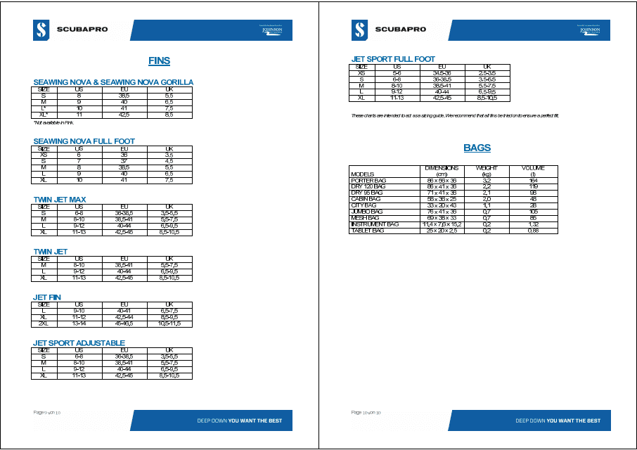 Fins and Bags Size Chart - Scubapro