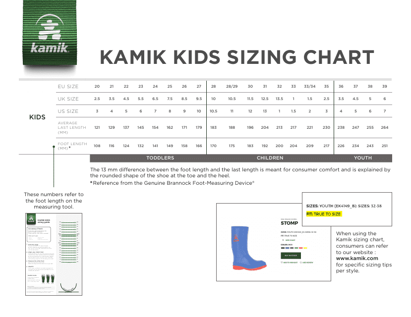 Kids Boots Sizing Chart - Green