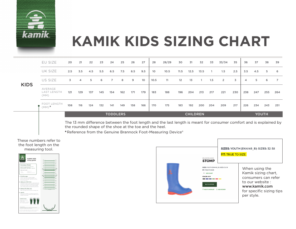 Kids Boots Sizing Chart - Green, Page 1