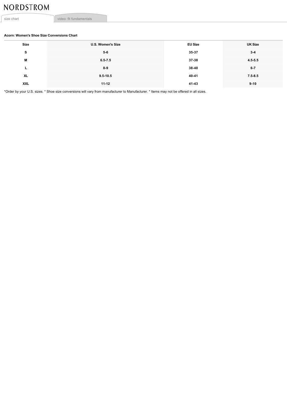 Women's Shoe Size Conversions Chart - Acorn Download Printable PDF ...