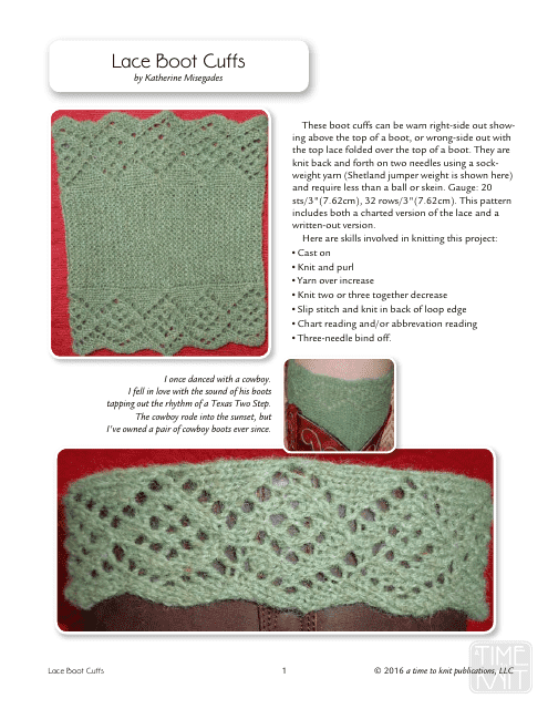 Lace Boot Cuffs Knitting Pattern Diagram - a Time to Knit Publications Download Pdf