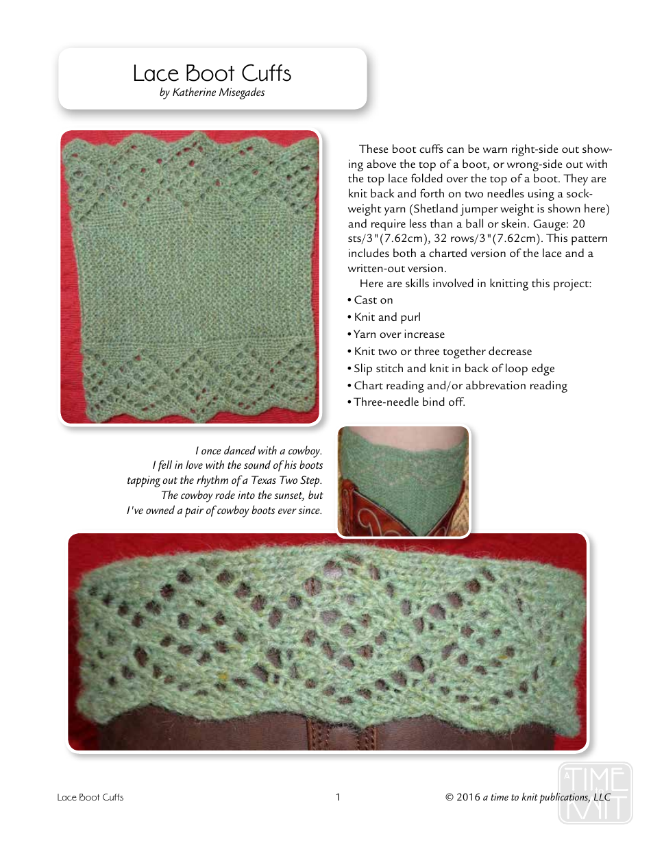 Lace Boot Cuffs Knitting Pattern Diagram - a Time to Knit Publications, Page 1