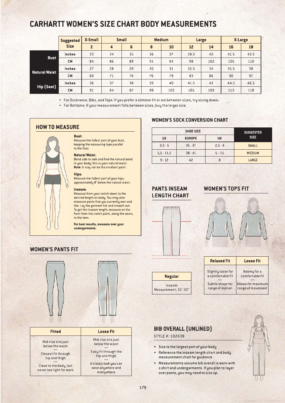 Womens and Mens Workwear Size Chart - Carhartt, Page 1