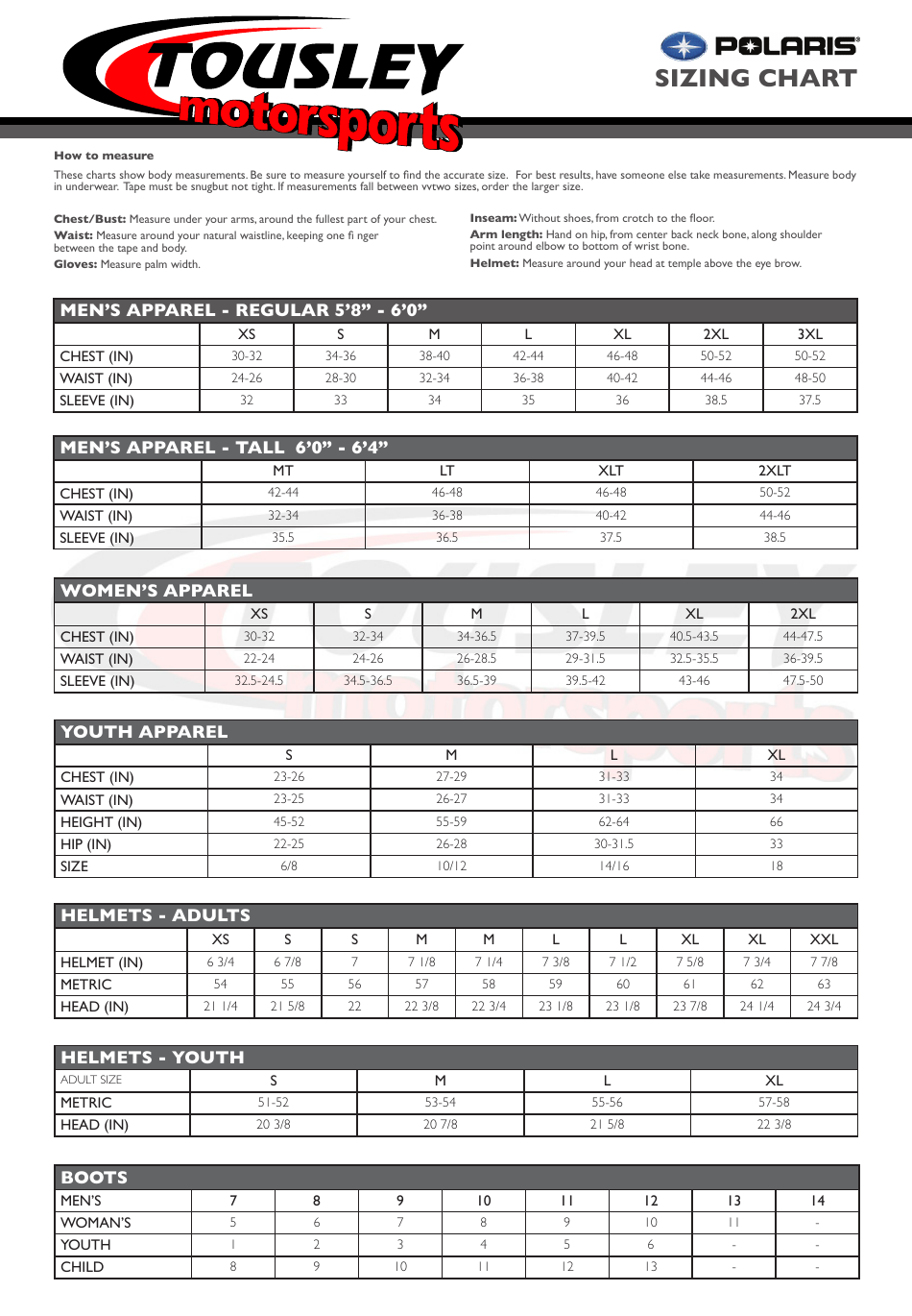 Motorsport Apparel Sizing Chart - Tousley Motorsports Download ...