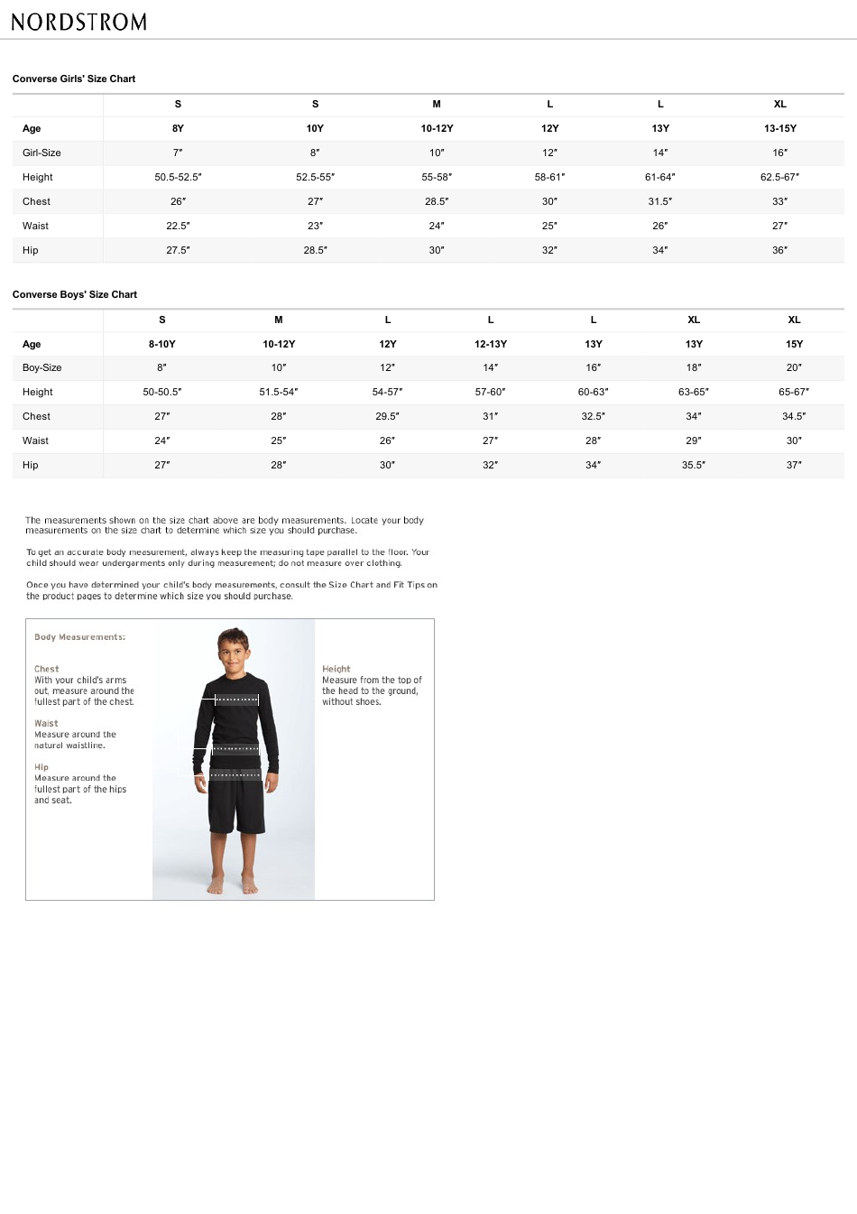 Girls and Boys Size Chart - Converse, Page 1