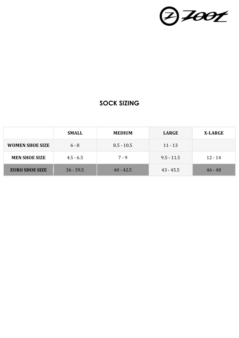 Sock Sizing Chart - Zoot, Page 1