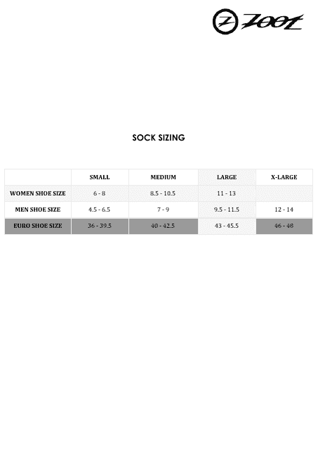 Sock Sizing Chart - Zoot Download Pdf