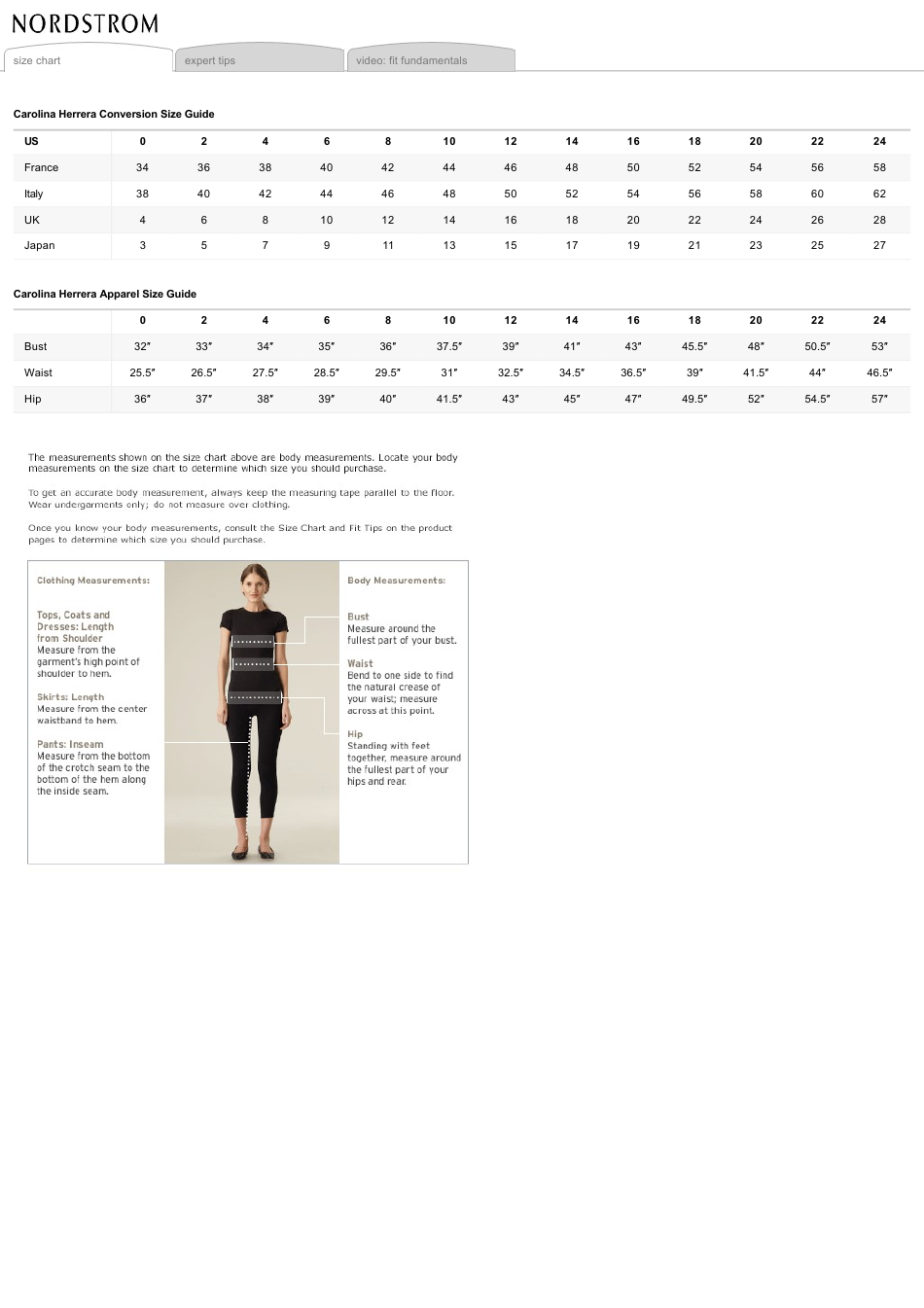 Women's Conversion Size Chart Carolina Herrera Download Printable PDF