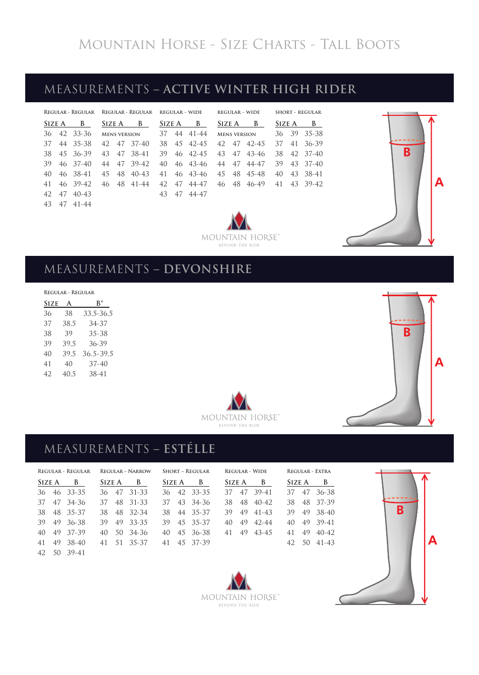 Tall Boots Size Charts - Mountain Horse, Page 1