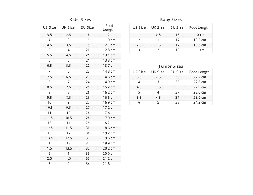Shoe Sizing Chart Download Printable PDF Templateroller