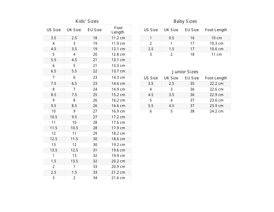 Shoe Sizing Chart Download Printable PDF | Templateroller