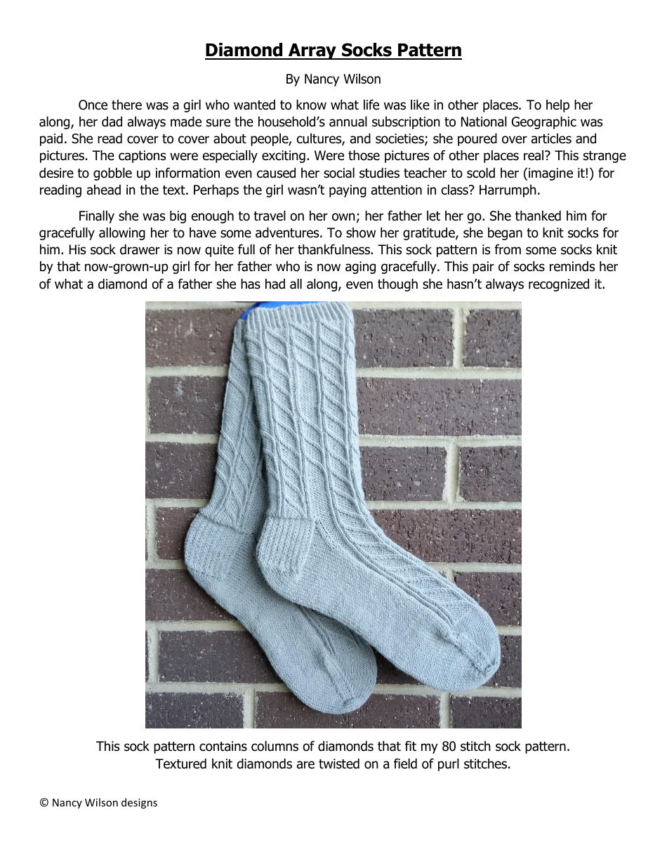 Diamond Array Socks Knitting Pattern - Nancy Wilson Designs, Page 1