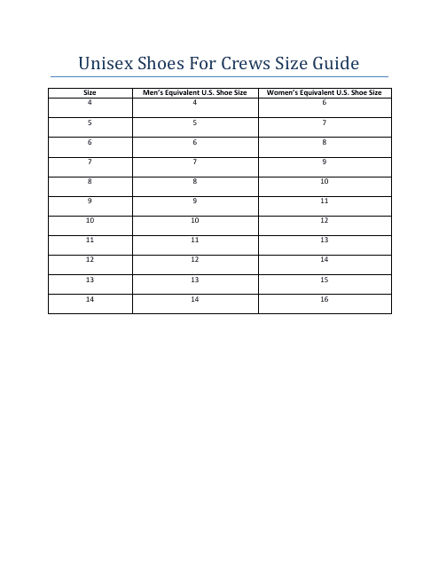 Unisex Shoes Size Chart - Shoes for Crews Download Pdf