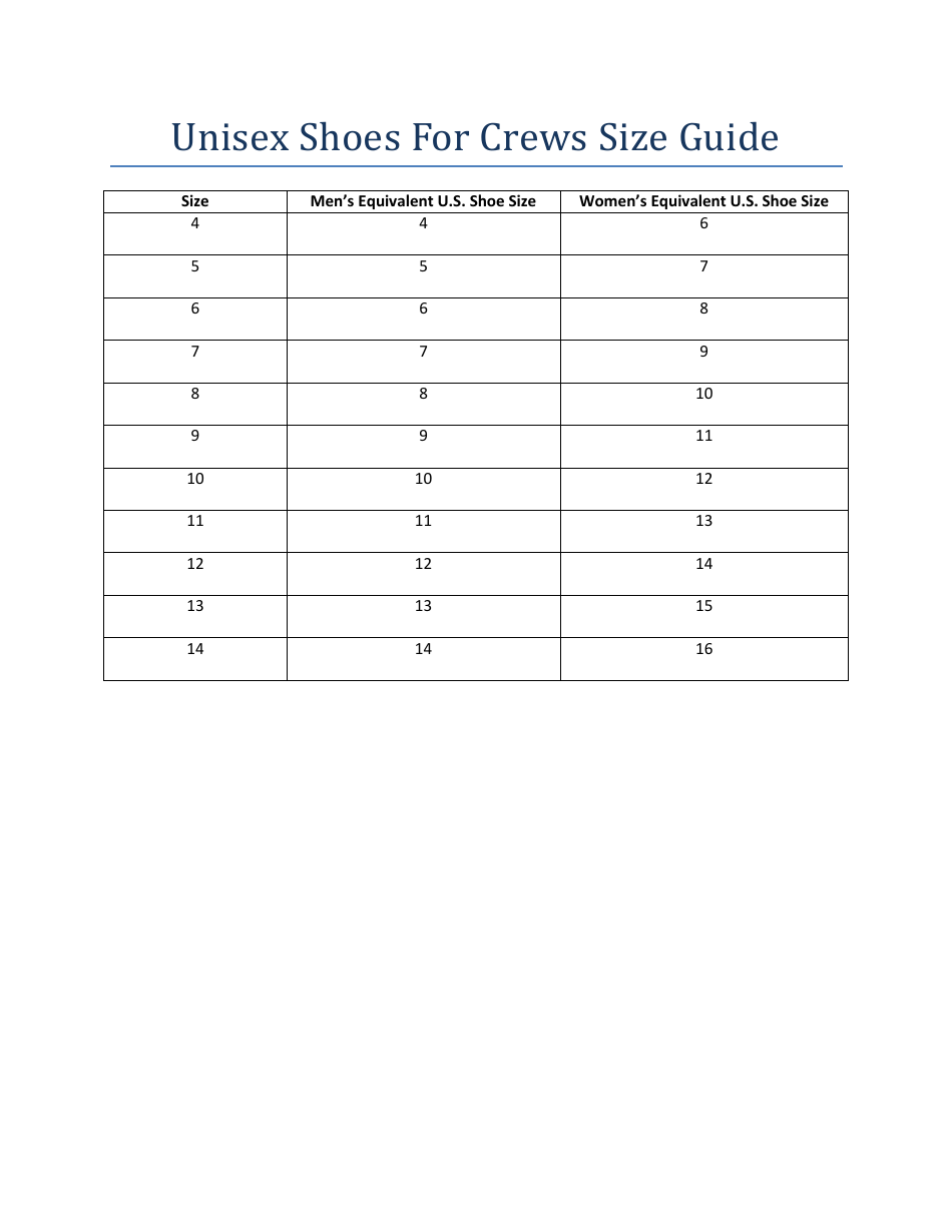 Unisex Shoes Size Chart Shoes for Crews Download Printable PDF