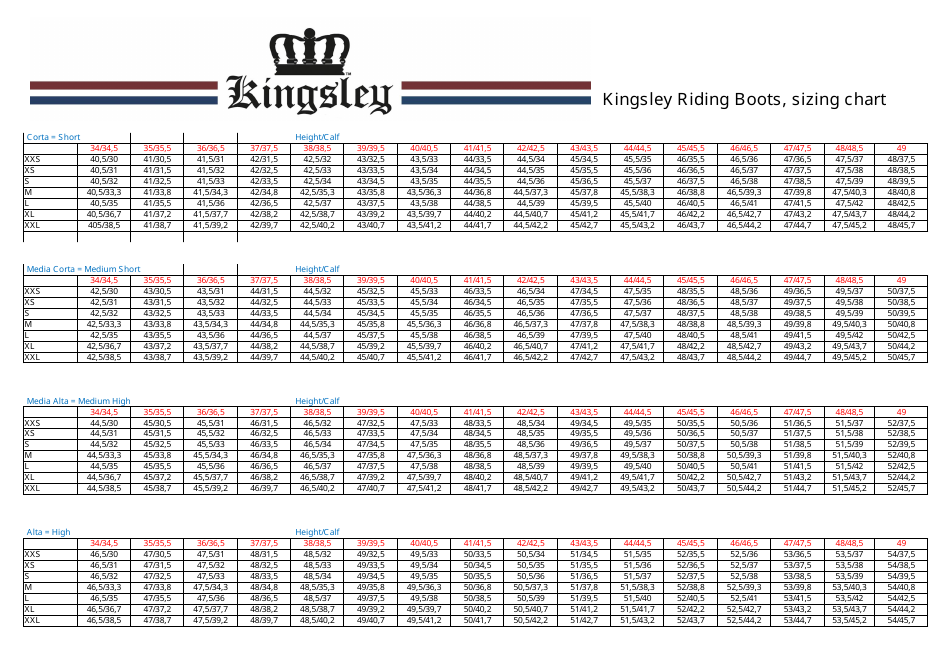 Riding Boots Sizing Chart - Kingsley, Page 1