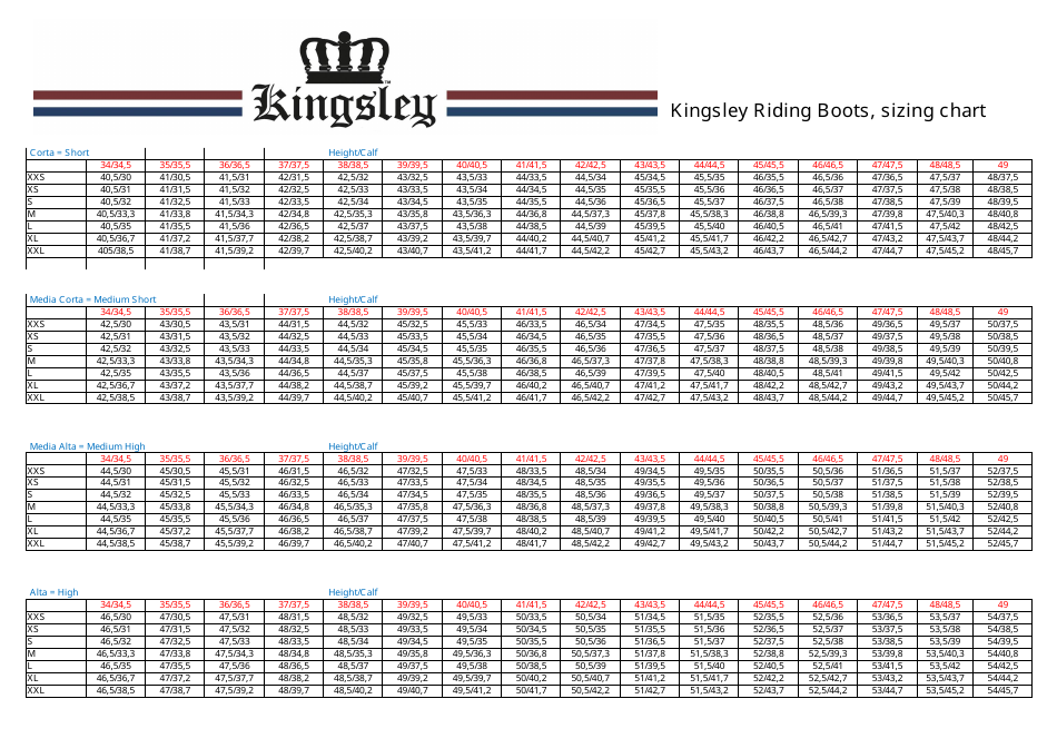 Brogini Riding Boots Size Chart