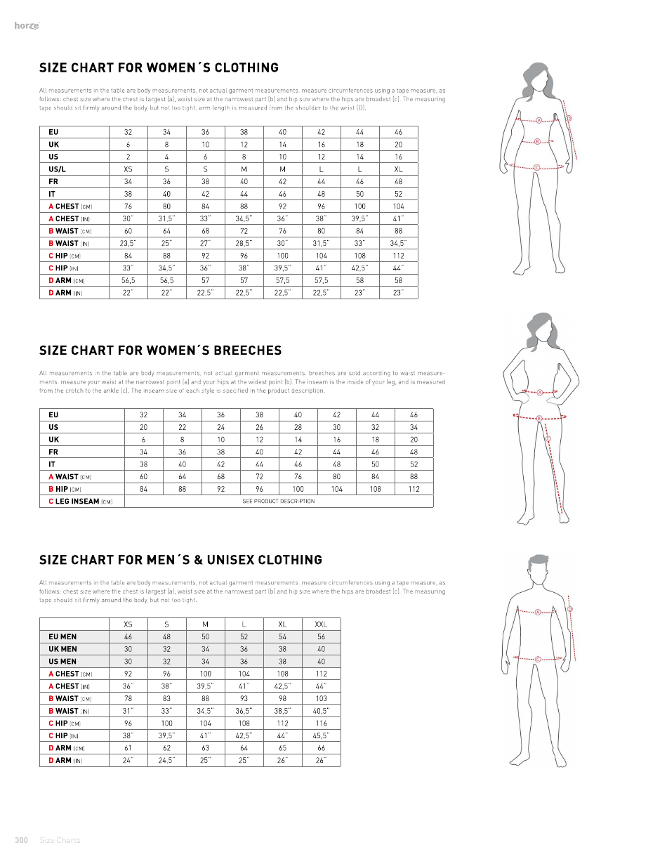 Riding Clothing Size Chart - Horze, Page 1