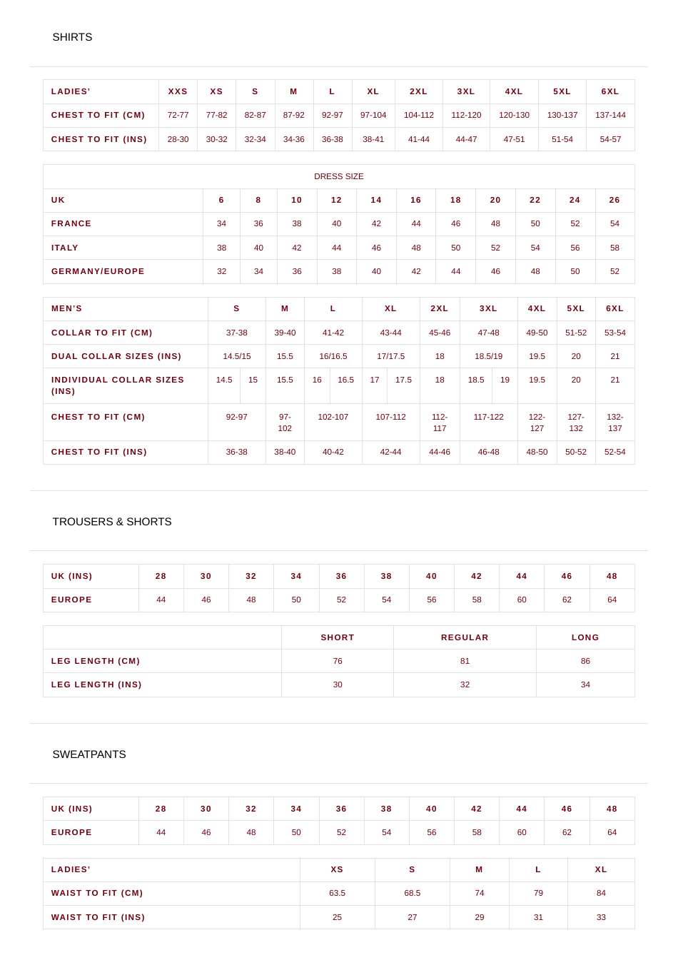 Clothing Size Chart - Russel, Page 3
