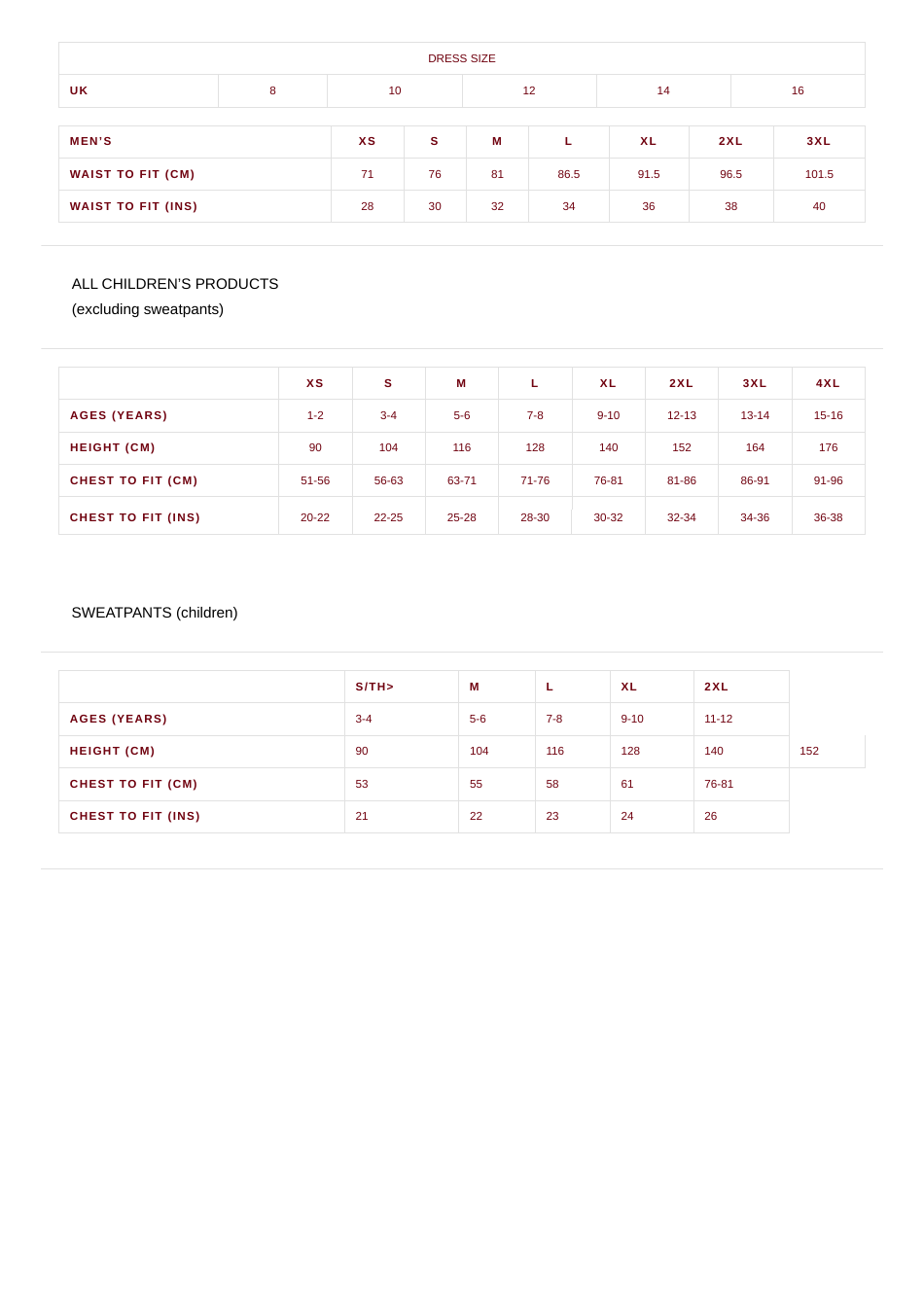 Clothing Size Chart - Russel, Page 4