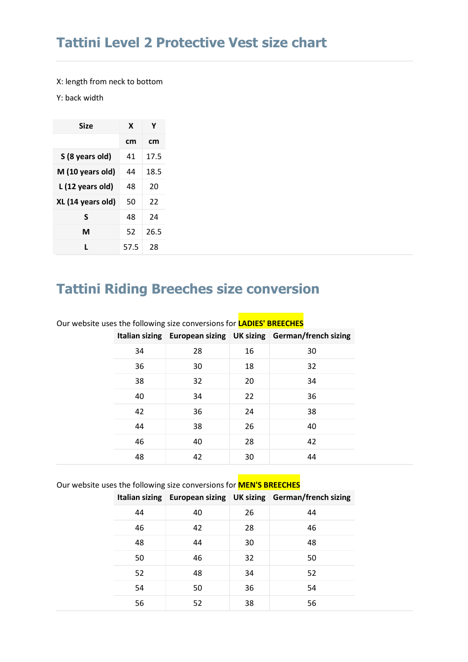 Riding Apparel and Accessories Size Charts - Tattini, Page 3