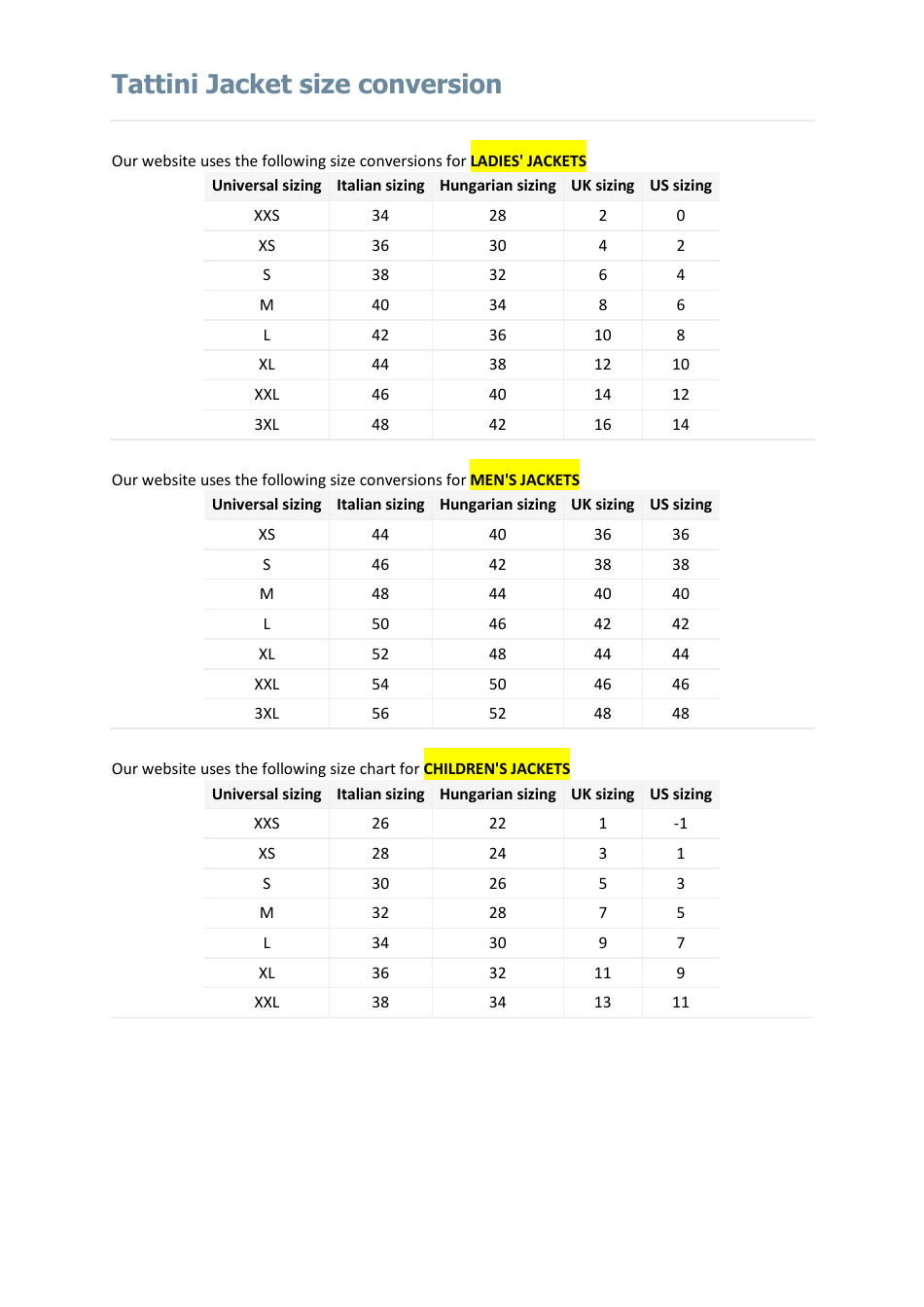 Riding Apparel and Accessories Size Charts - Tattini, Page 4