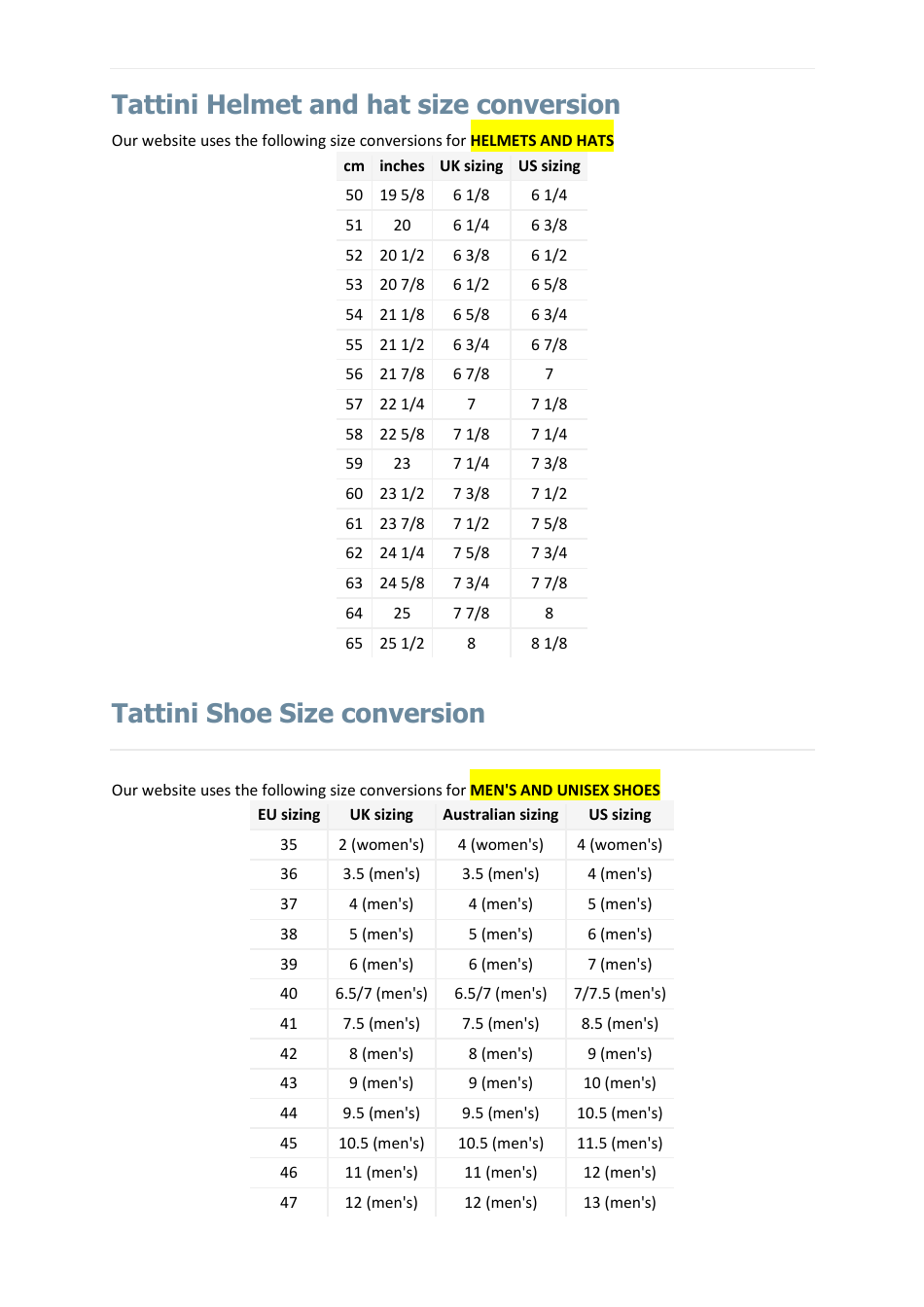 Riding Apparel and Accessories Size Charts - Tattini, Page 5