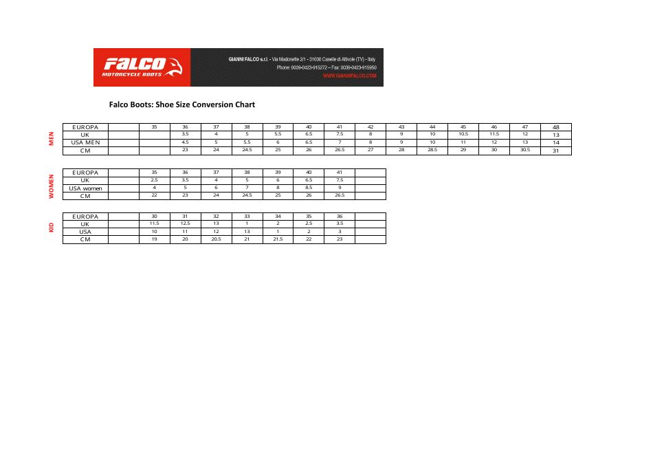 Shoe Size Conversion Chart - Falco Boots Download Printable PDF ...