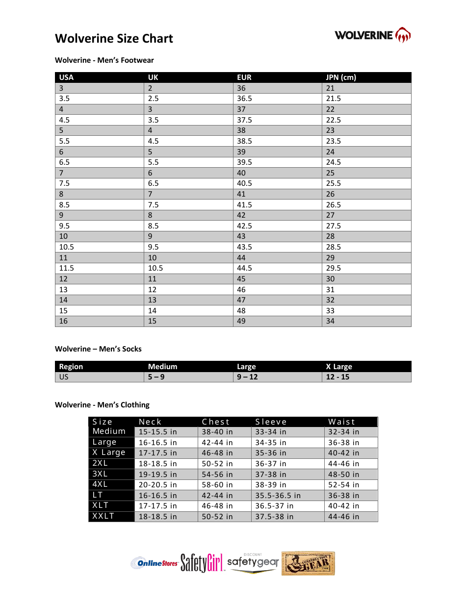 Footwear and Socks Size Chart - Wolverine Download Printable PDF ...