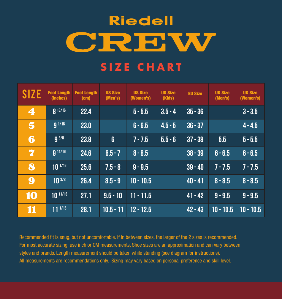 Skates Size Chart - Riedell Crew, Page 1