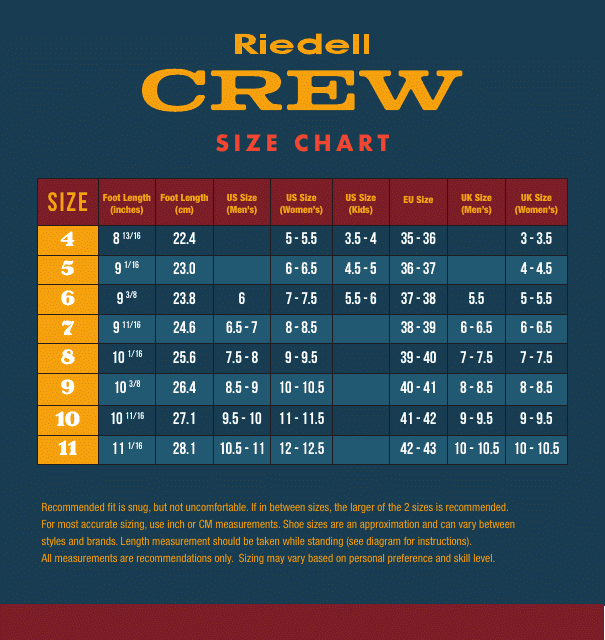 Skates Size Chart - Riedell Crew