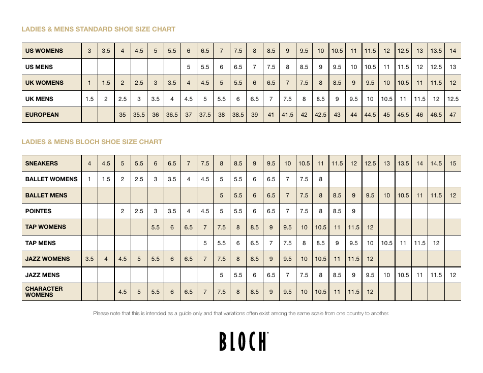 Ladies  Mens Ballet Shoe Size Chart - Bloch, Page 1