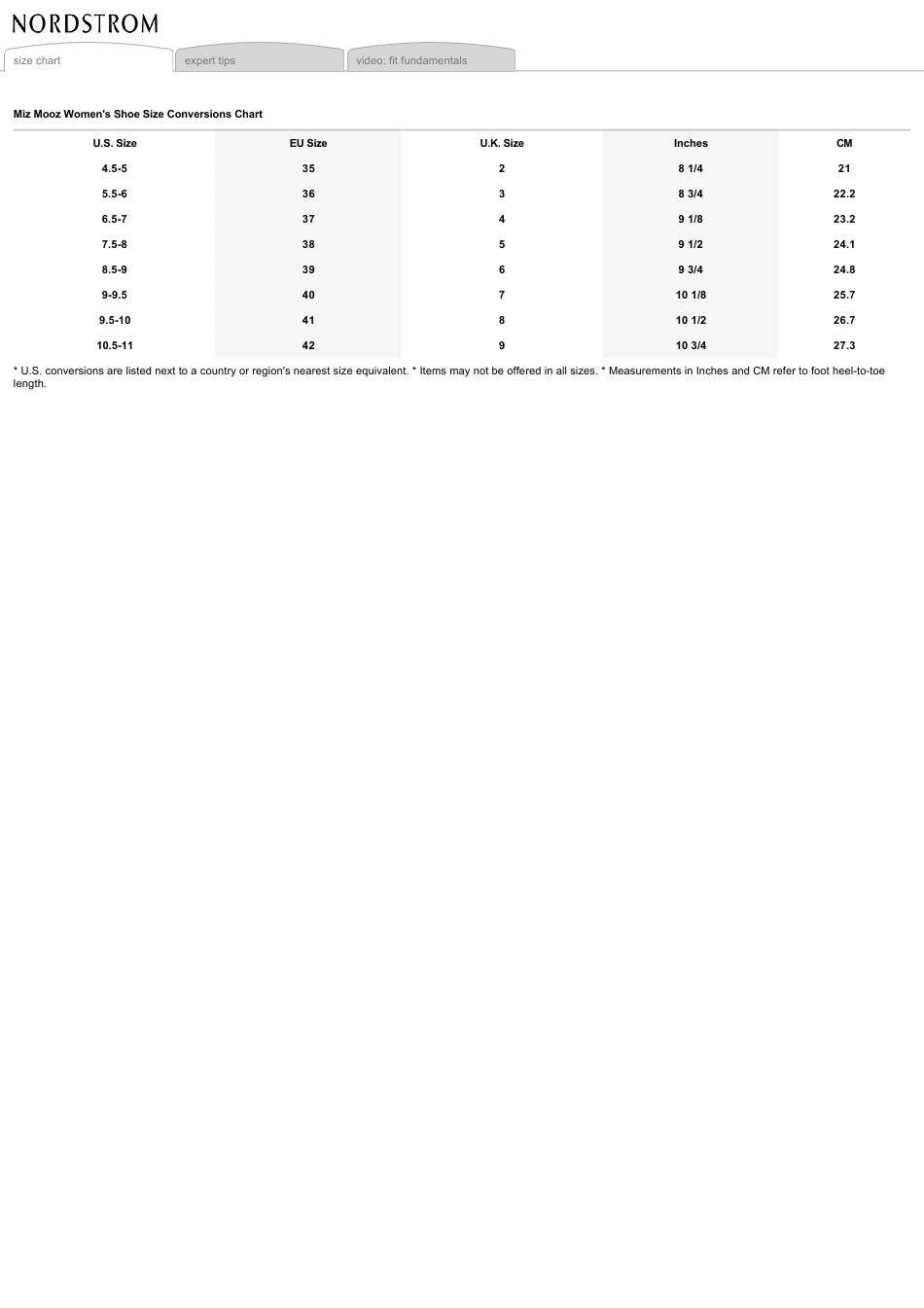 Women's Shoe Size Conversions Chart Miz Mooz Download Printable PDF