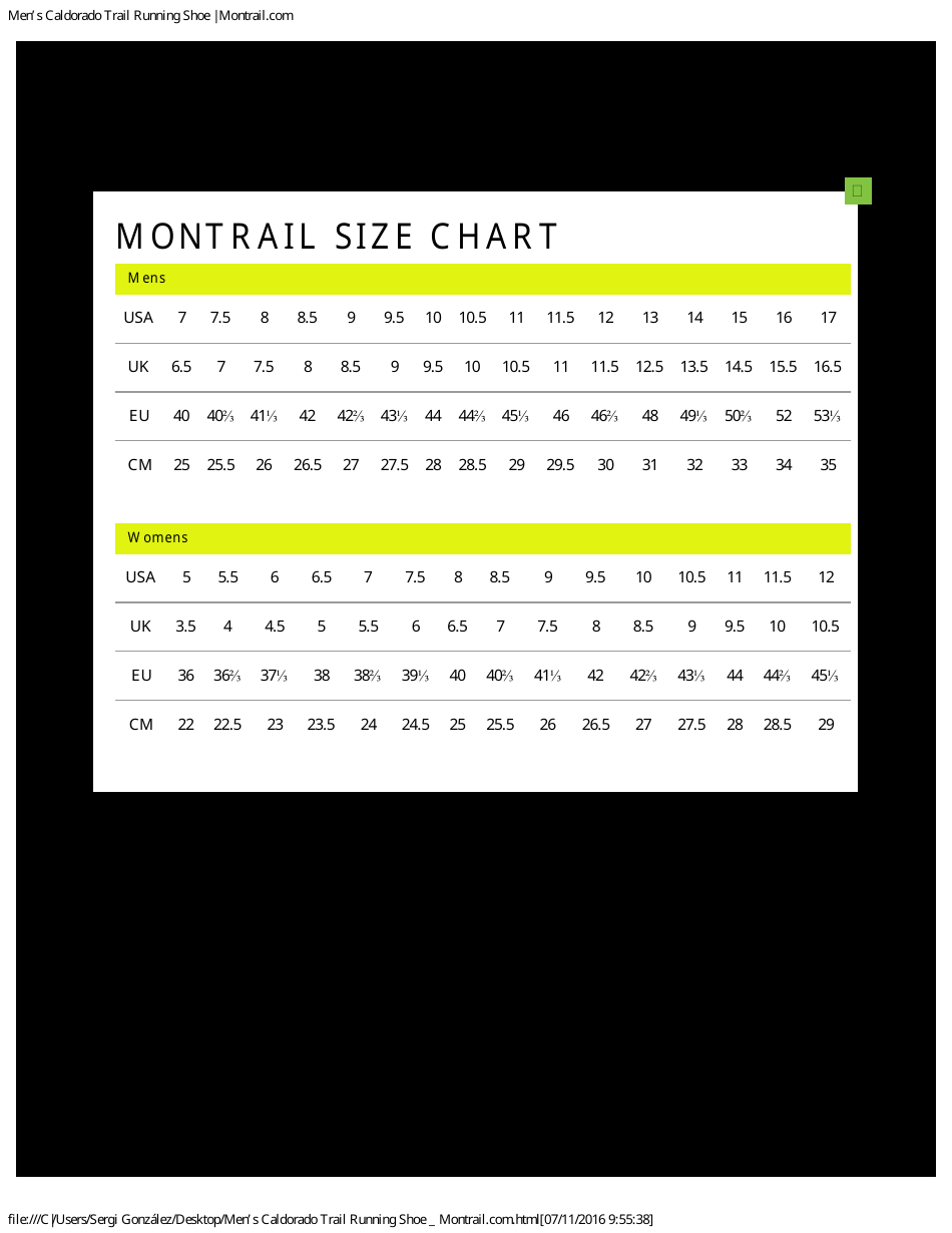 Shoe Size Chart - Montrail, Page 1